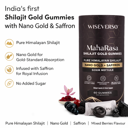 MahaRasa Shilajit Gold Gummies for Men Himalayan Shilajit & KSM-66 Ashwagandha for Strength, Stamina & Vitality (60 Gummies)